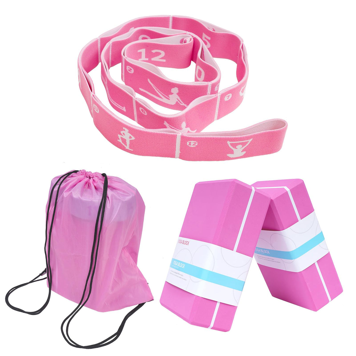 Yoga Blocks Set of 2 with 12 Loop Stretch Band and Carry Bag (Pink+Pink)