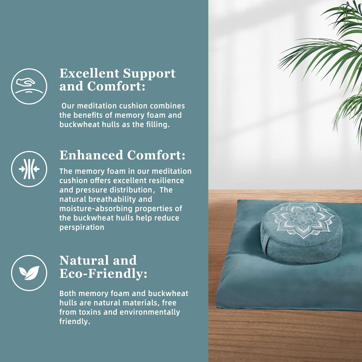 Meditation Zafu Cushion Set with Buckwheat Hulls & Memory Foam (Green)