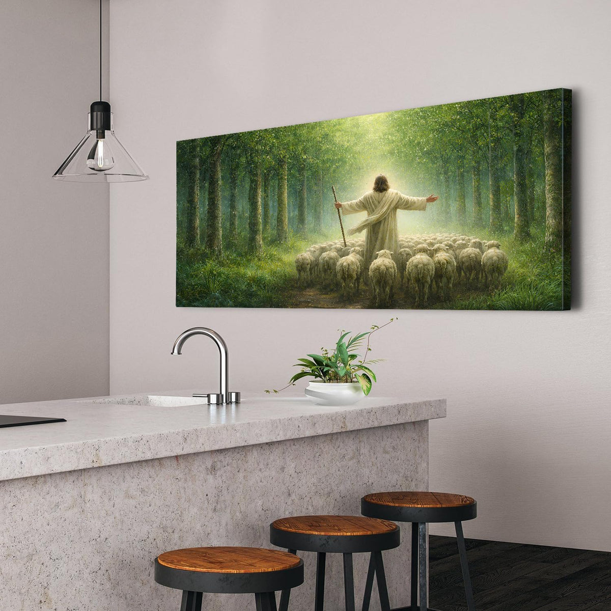 Jesus Leaves the 99 Sheep Wall Art for Living Room Kitchen Decorations Jesus and Lamb Painting Wall Decor Christian Picture Canvas Prints Spiritual Sunset Forest Landscape Poster Home Artwork 24x48” (48"L x 24"W / Jesus Forest)