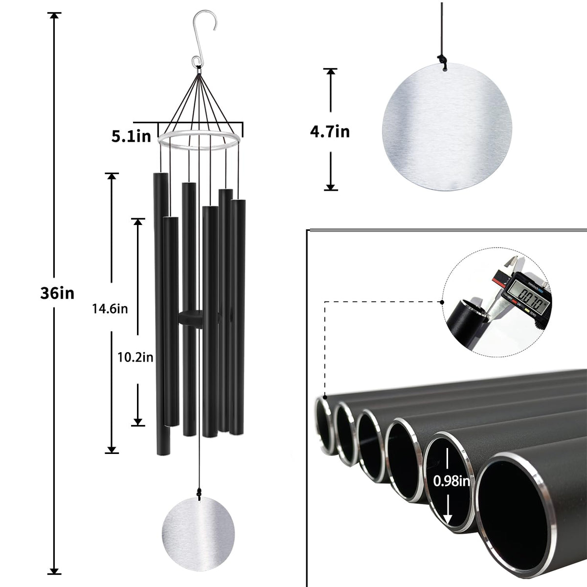 Wind Chimes Outdoor Large Deep Tone (36“ Black)