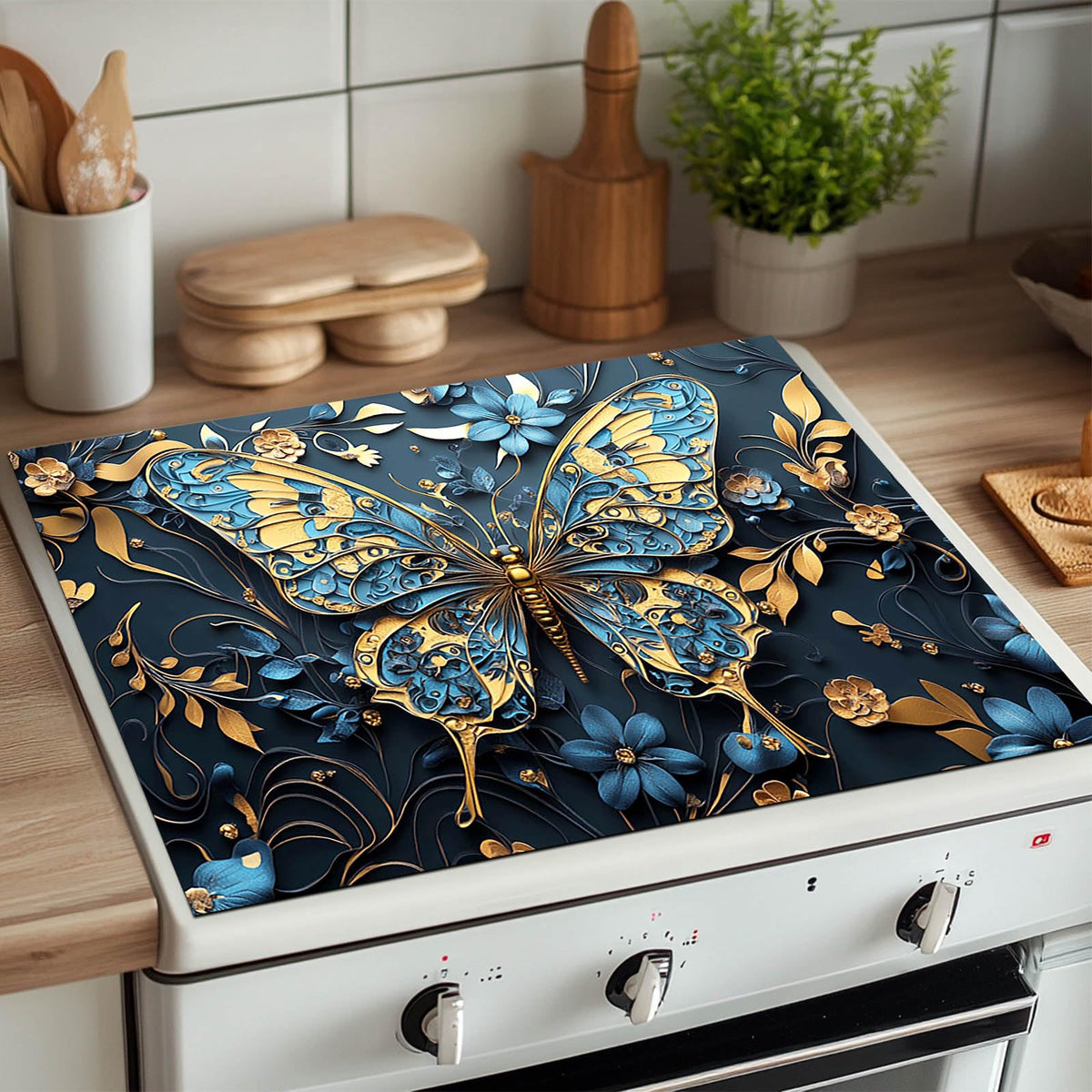 Blue Gold Butterfly Stove Top Cover 28x20 Diatomite Mat
