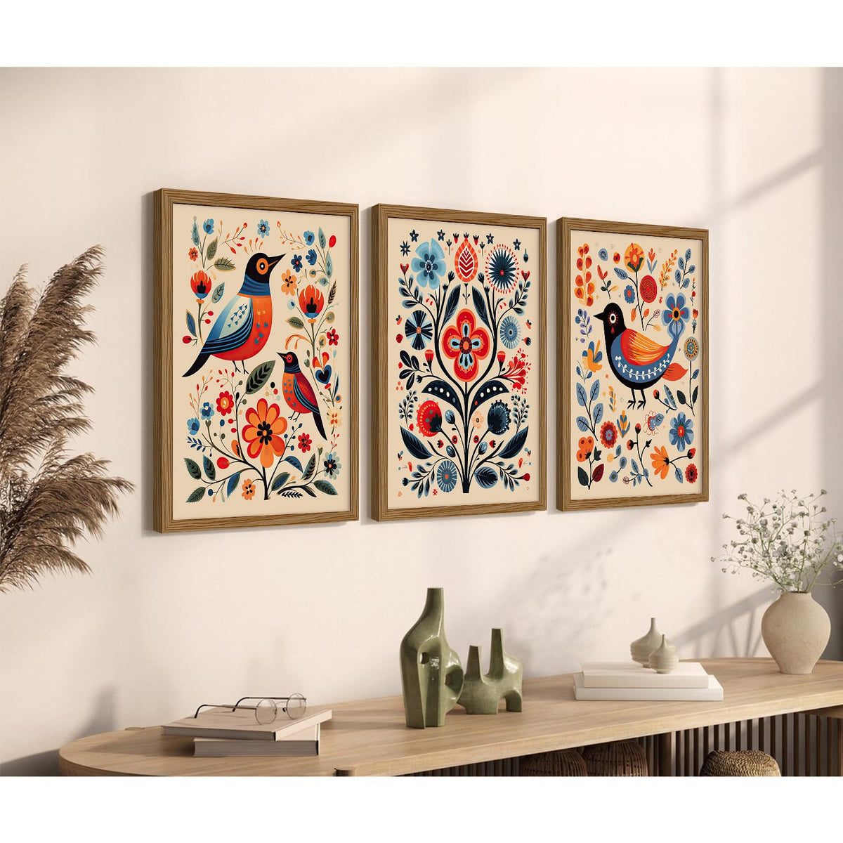 Scandinavian Folk Wall Art Nodic Flower Canvas Wall Decor Norwegian Wall Art Poster Swedish Antique Wall Decor Pictures Floral Bird Prints Vintage Poster for Home Kitchen 12x16x3 Inch Framed (Framed / Colorful Flower Prints Art / 16"L x 12"W)