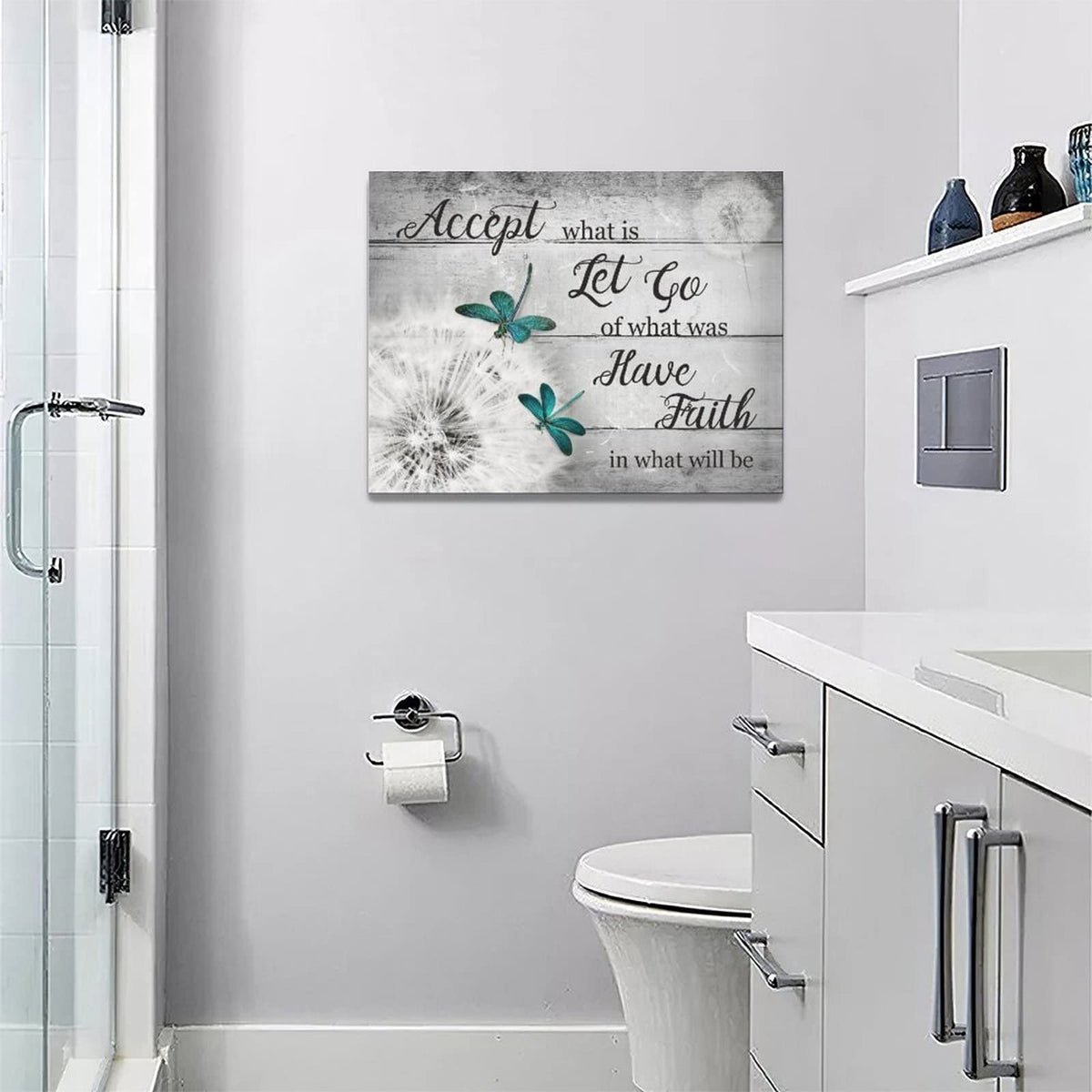 Black and White Dandelion Wall Art Teal Dragonfly Pictures Wall Decor Inspirational Quotes Canvas Painting Prints Modern Artwork Home Decoration for Bathroom Bedroom Living Room 16"x12" (Black And White Dandelion / 16"L x 12"W)