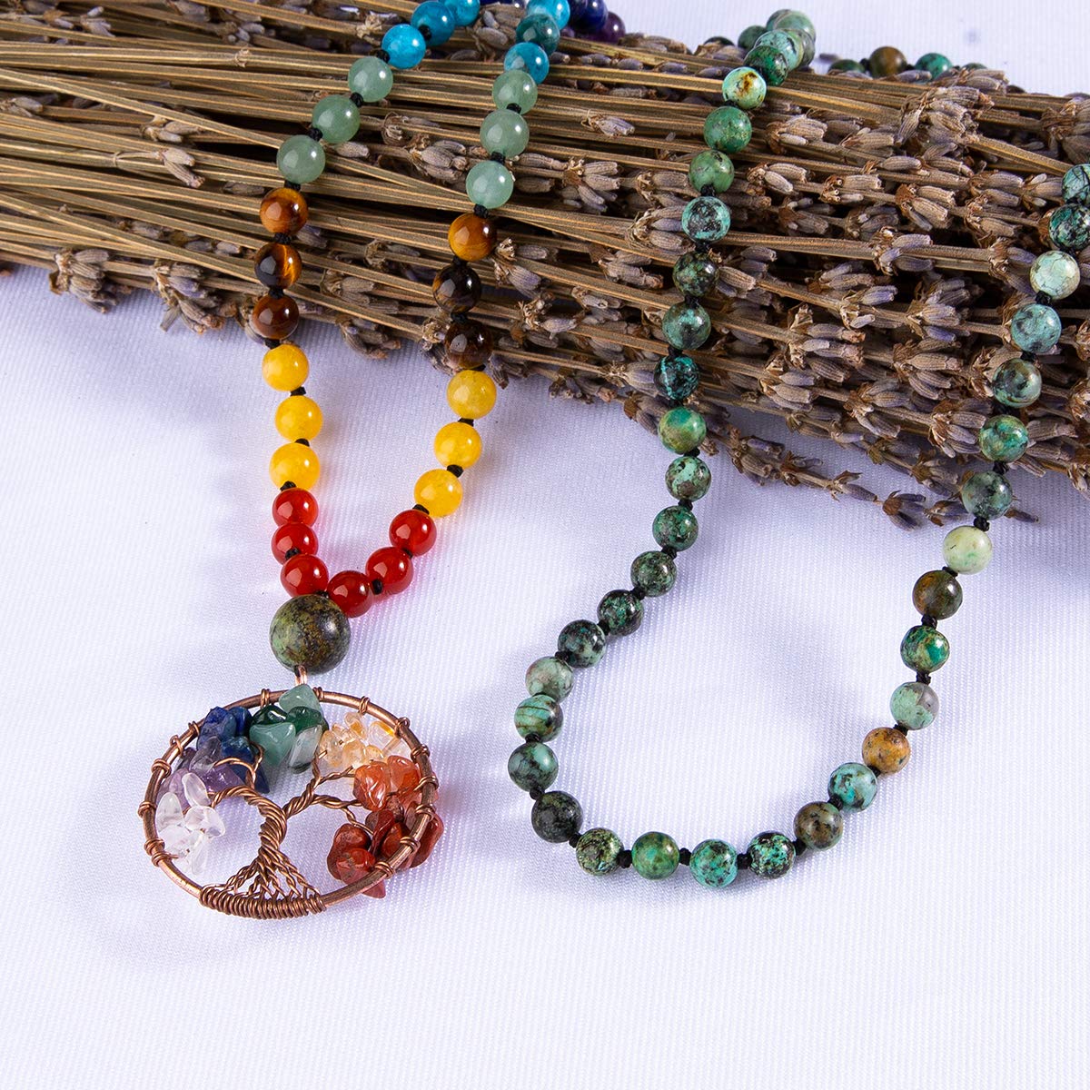 108 Mala Beads Necklace Tree of Life 7 Chakra Wrap Bracelet Real Healing Gemstone Yoga Meditation Hand Knotted Mala Prayer Bead Necklace (6mm / African Turquoise)