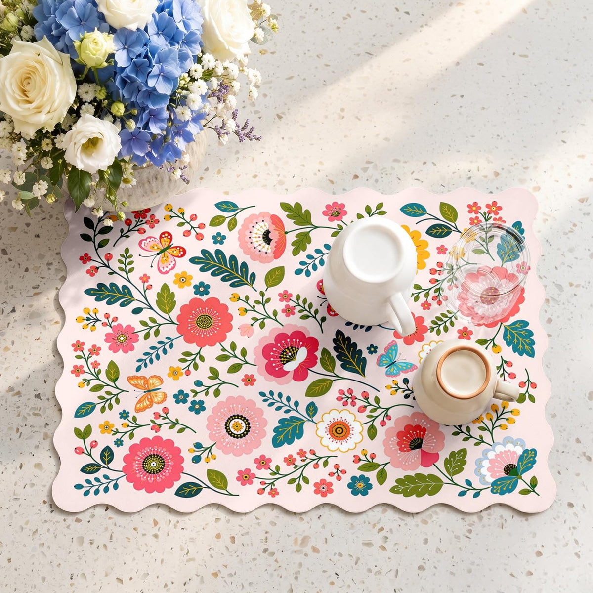 Scalloped Dish Drying Mat 2 (Floral Butterfly Flower / 12x19 inch)