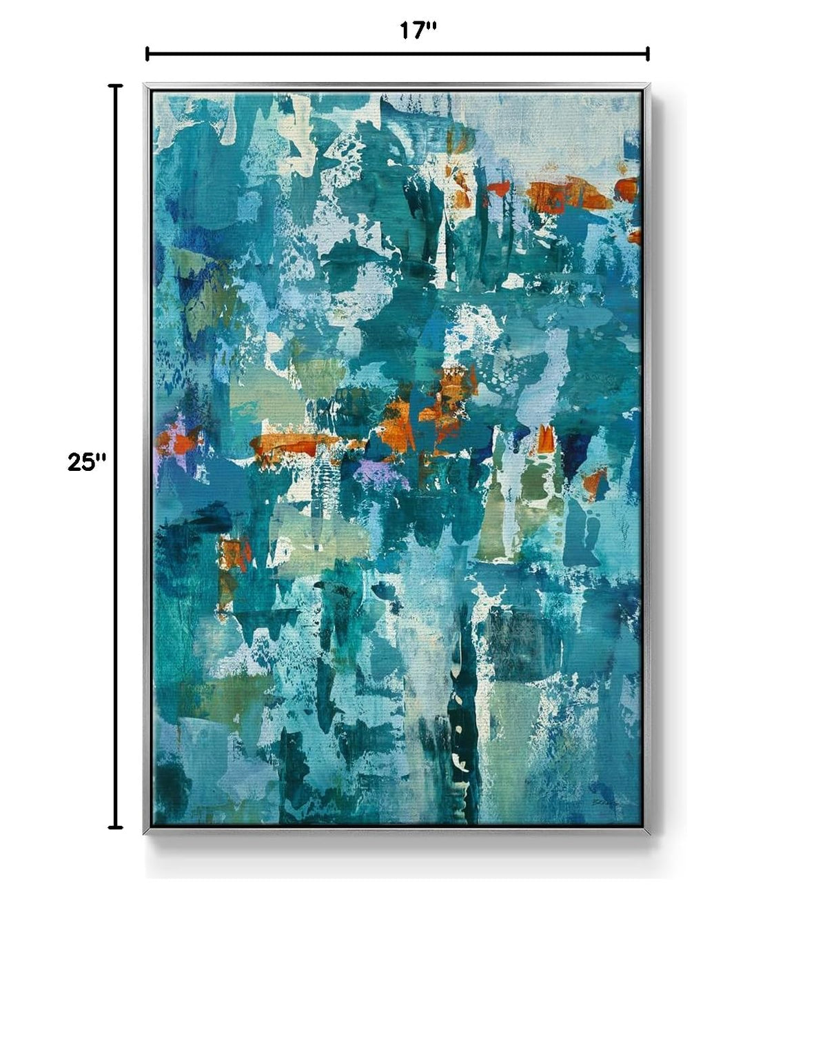 Canvas Wall Art Silver Floater Framed Prints for Home Rustic Teal Blue Brushstrokes Splash Abstract Hanging Artwork for Bedroom Office Kitchen (25"L x 17"W / Reticent I)