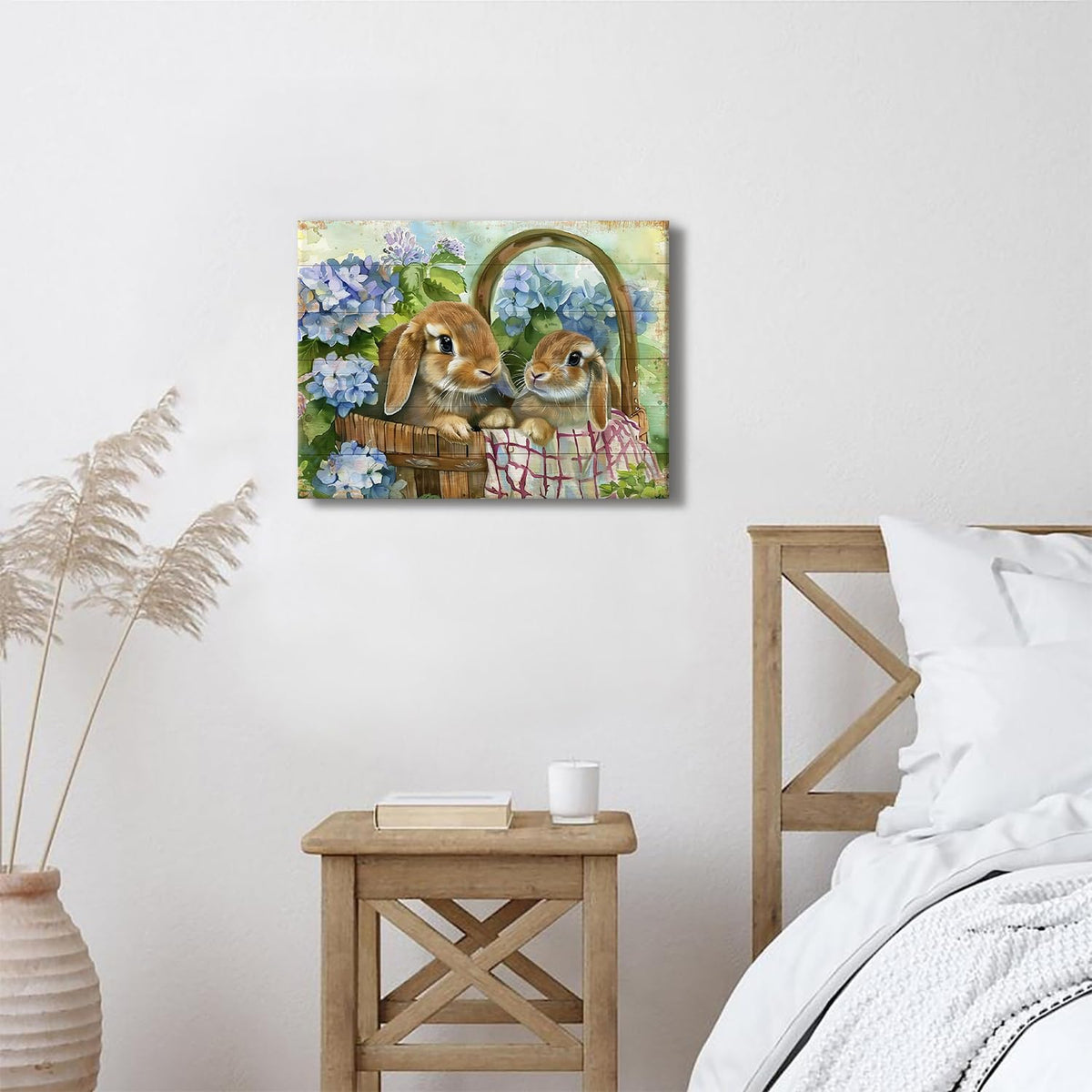 Bunny Wall Art Decor Cute Rabbits Flowers Canvas Prints Pictures for Kitchen Dining Room Decor Rustic Animals Floral Painting Vintage Farmhouse Easter Artwork for Bedroom Home Decorations 12x16" (16"L x 12"W / Rabbit)