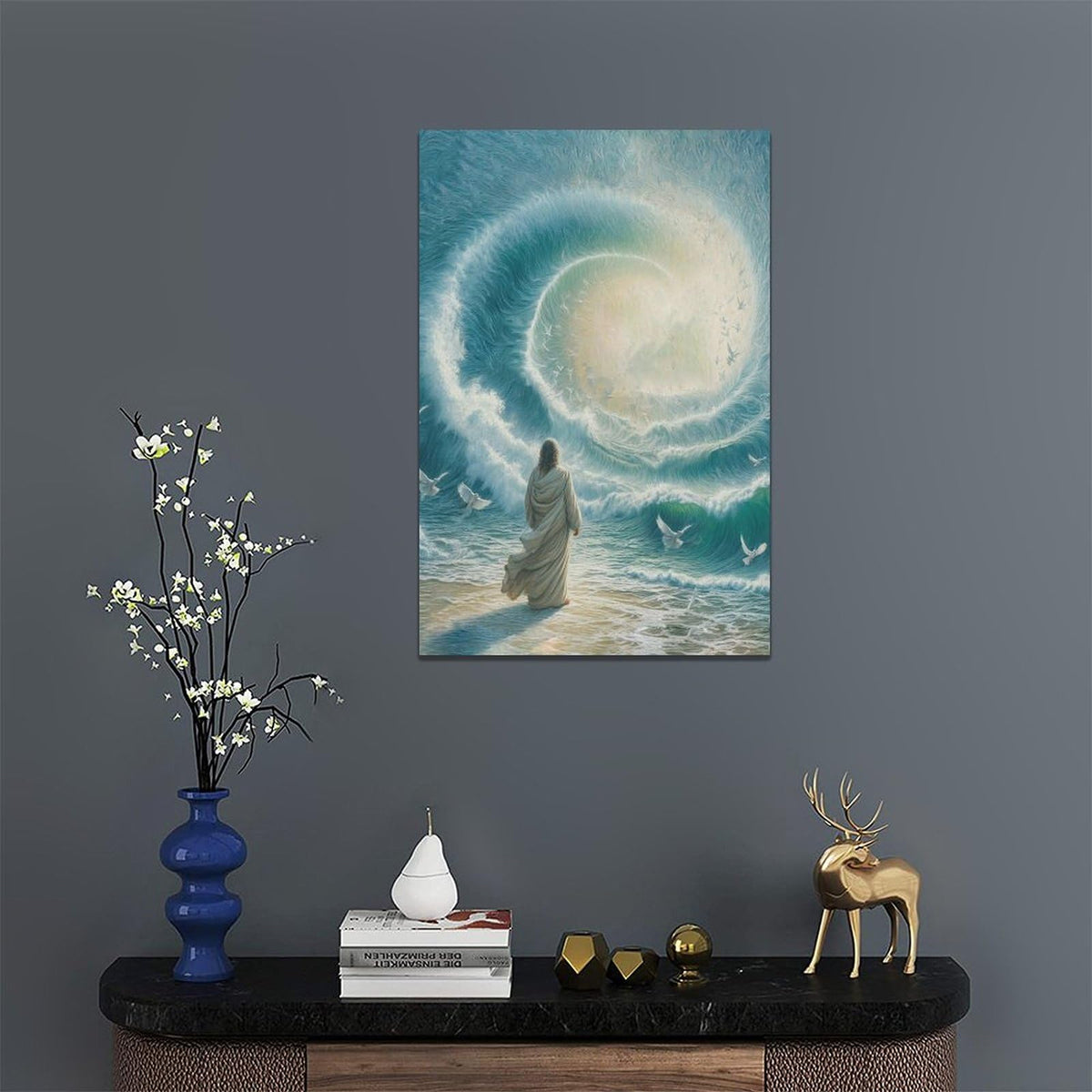 Jesus Beach Wall Decor Christian Jesus Dove Pictures Christ Religious Canvas Wall Art God Ocean Painting Home Modern Artwork Framed for Church Living Room Bedroom Bathroom Office 16 x 24 inch (24"L x 16"W / Beach Jesus)