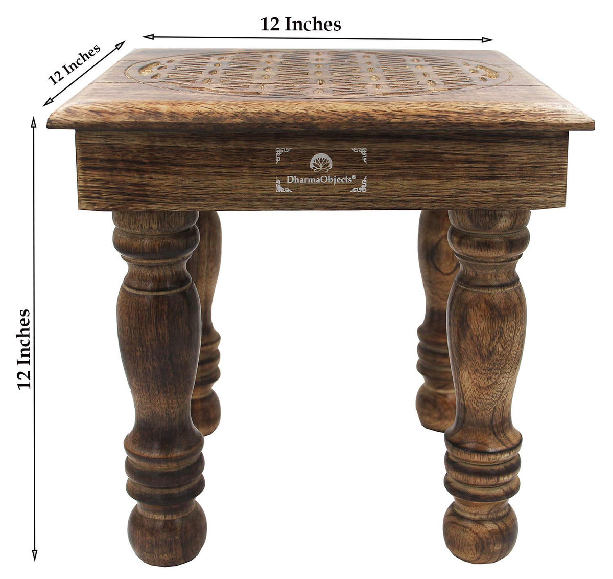 Solid Mango Wood Hand Carved Puja Shrine Altar Meditation Table (12 X 12 X 12 Inches / Flower of Life)