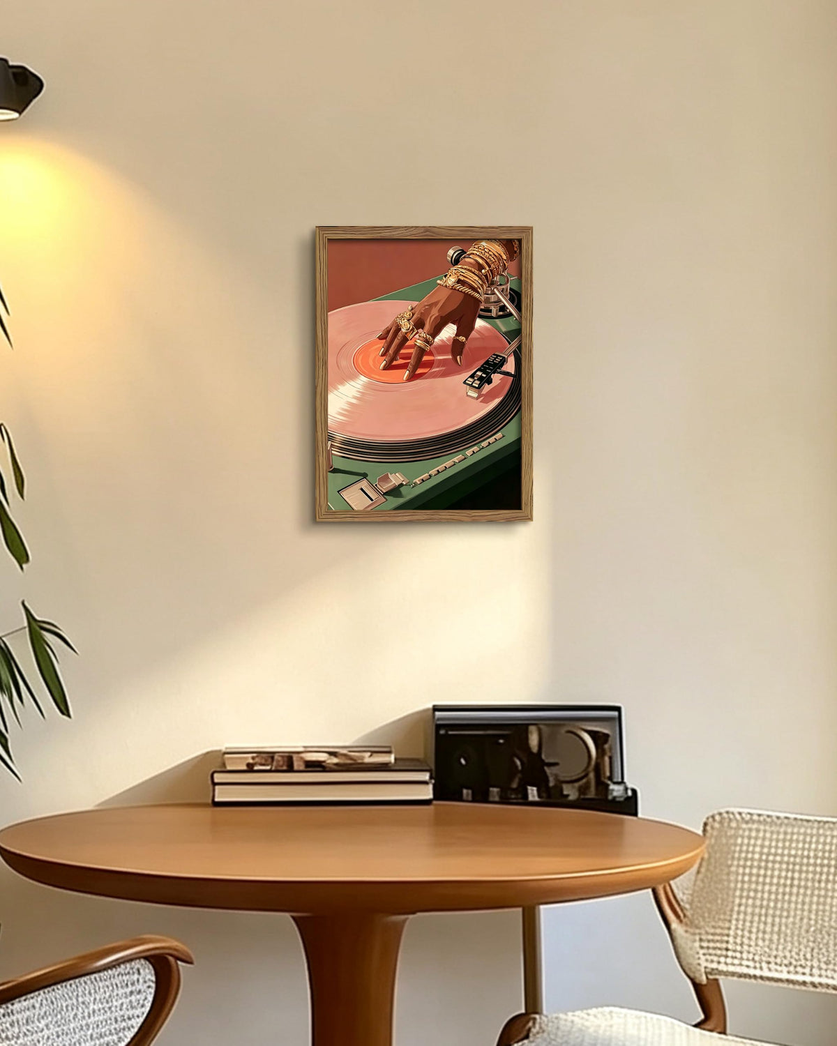 Framed Vintage Record Player Canvas Wall Art (A-Pink Record / 16"L x 12"W)