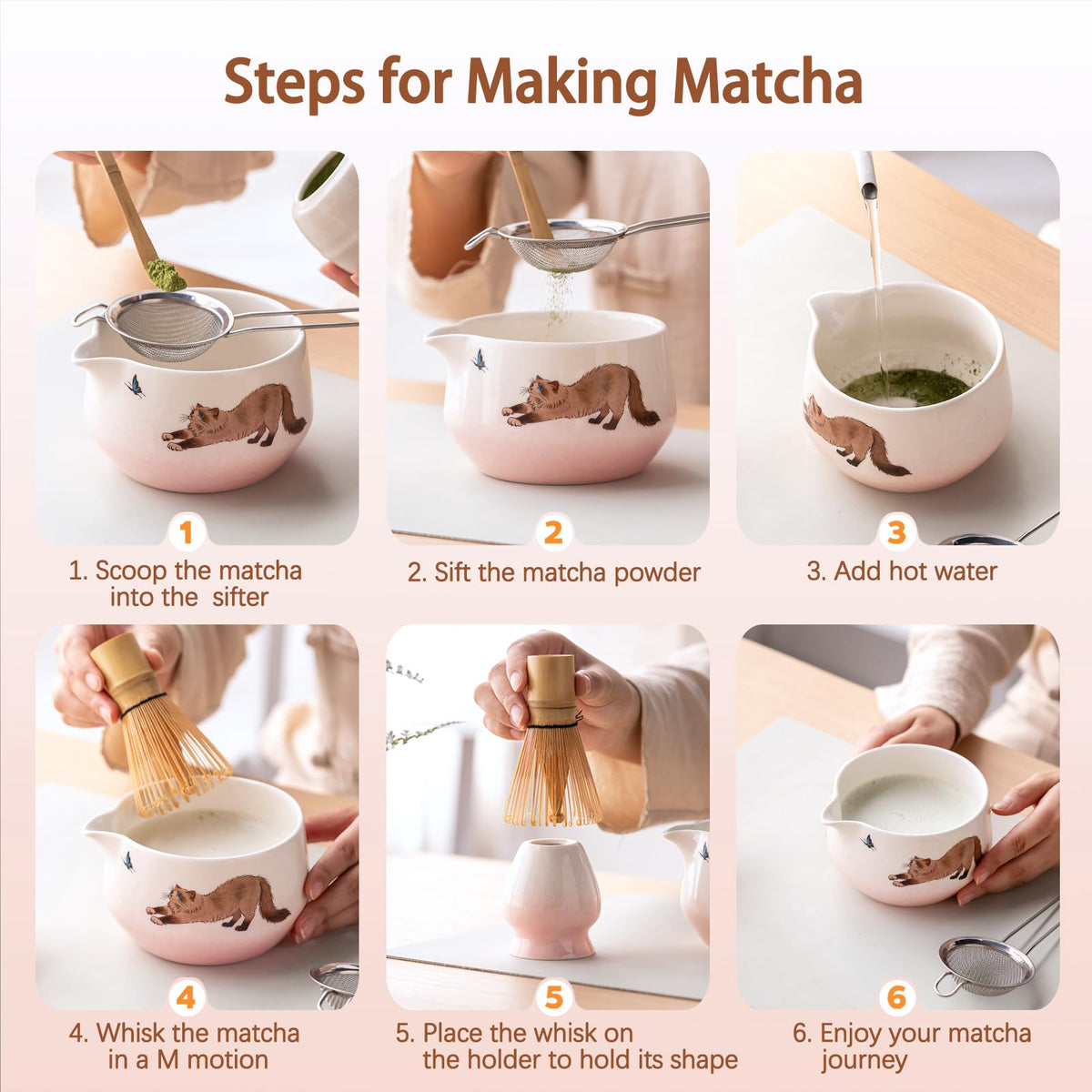 Matcha Set with Cat Pattern (Pink Gradient)