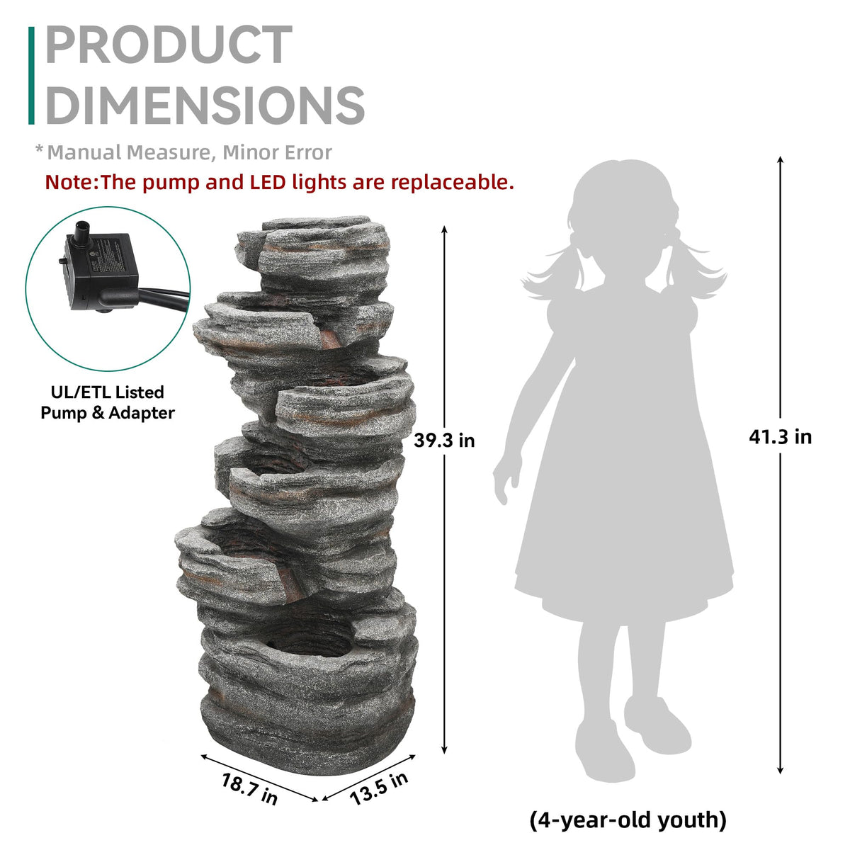 Extra Large Rock Outdoor Water Fountain with Pump & Light Separate Control (40"grayish Brown)