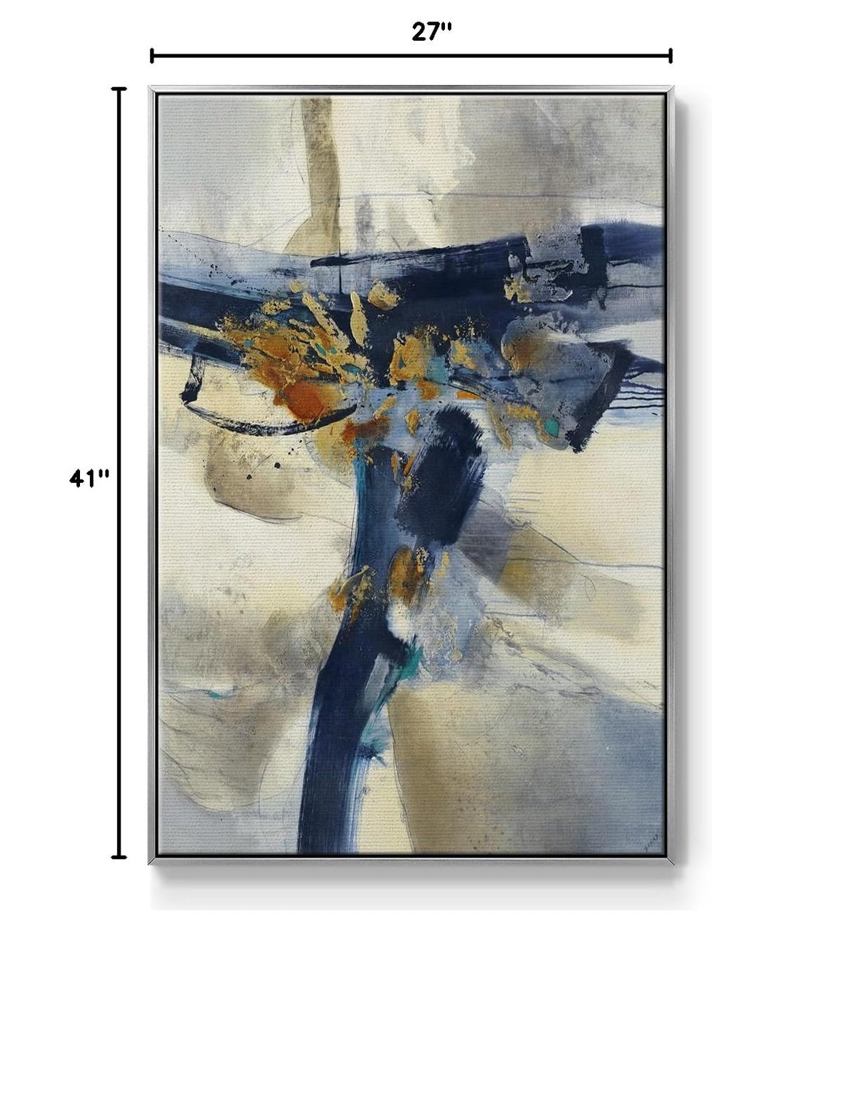 Canvas Wall Art for Home Decor Dark Blue Rustic Paint Brush Strokes Silver Floater Framed Abstract Artwork for Kitchen Hotel Restaurants Walls (41"L x 27"W / Blast)