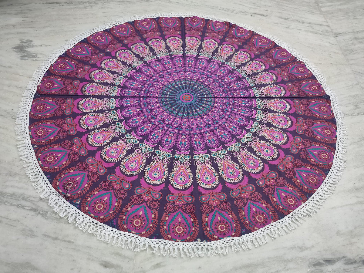 Round Beach Tapestry Turquoise Mandala Throw (3'6" (Round) / White and Pink)
