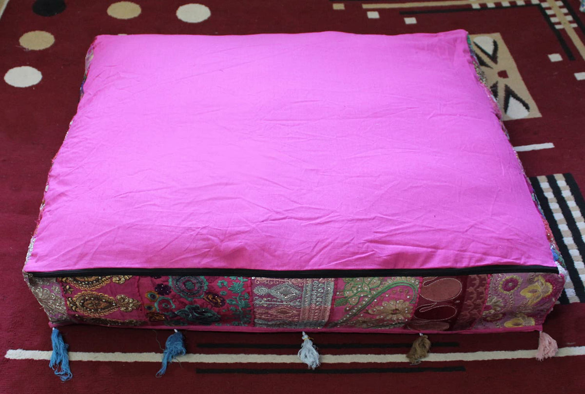 Indian Square Patchwork Traditional Pouf Cover Indian Living Room Poufs Decorative Embroidered Designer Ottoman Home Living Footstool Chair Cover Decor Pillow Cover 35 inches (35"D x 35"W x 5"H / Baby Pink)