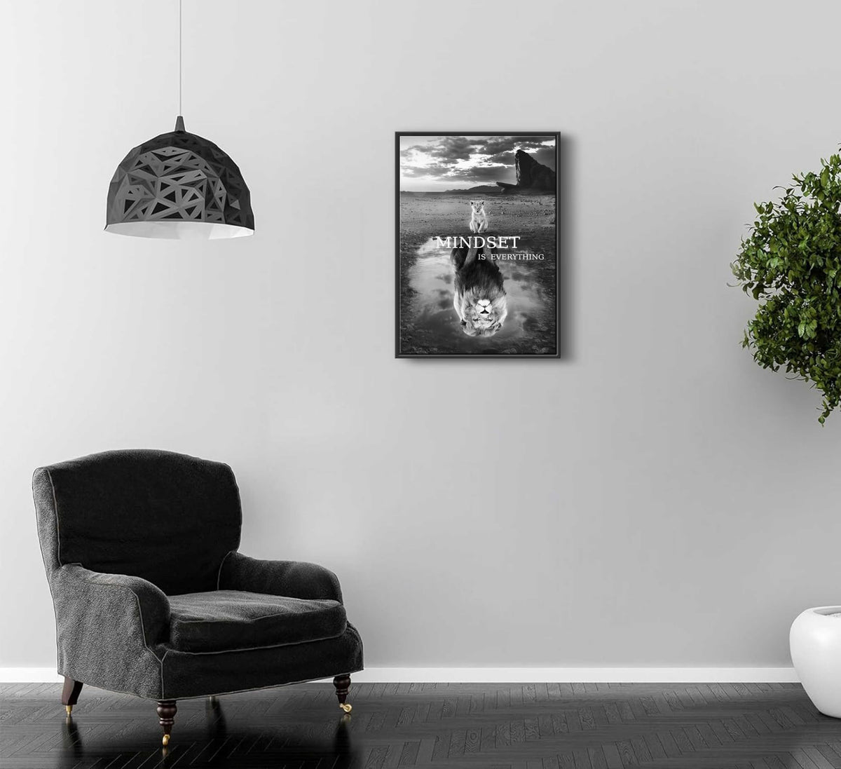 Framed Inspirational Lion Canvas Wall Art Mindset is Everything Black and White Picture Motivational Poster Print for Office Bedroom Classroom Man Cave Home Decoration (Framed Lion / 24"L x 16"W)