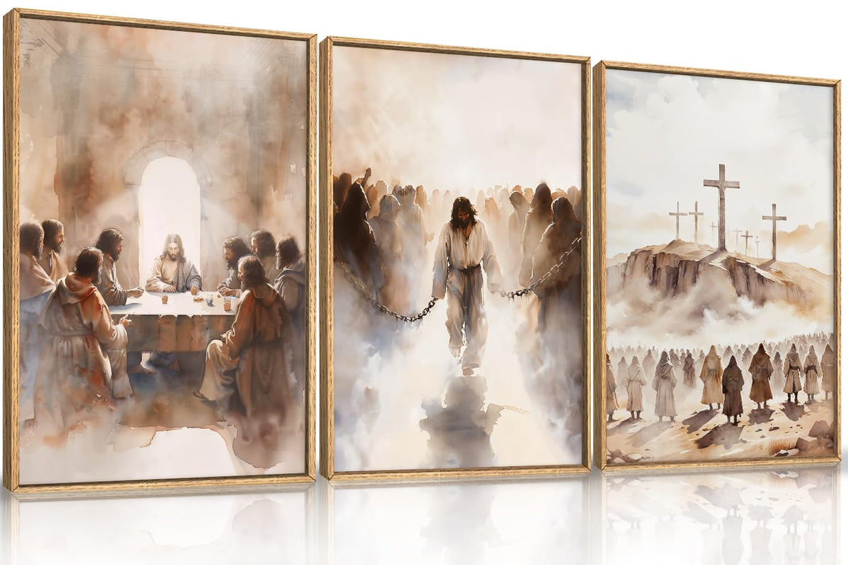Large Jesus Neutral Framed Canvas Wall Art Set (Neutral Jesus Wall Art / 36"L x 24"W)