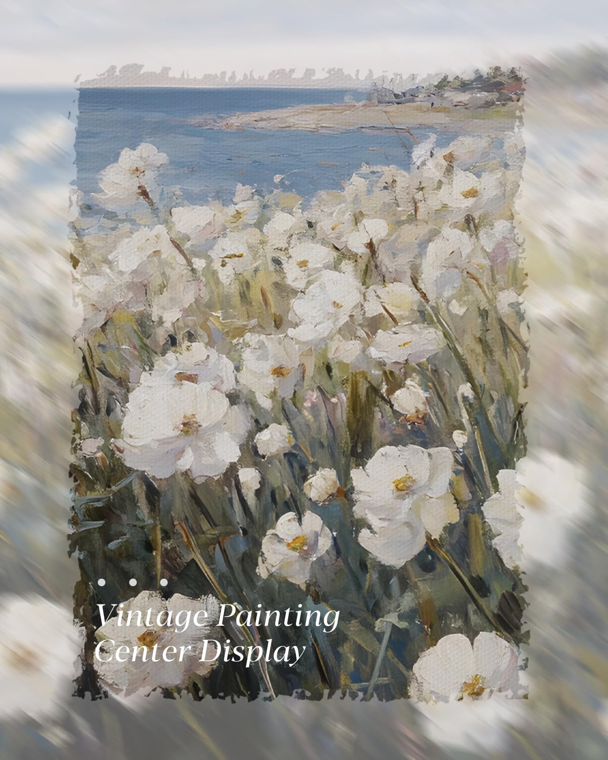 Vintage Coastal Wildflower Framed Canvas Wall Art 12"x16" Ocean View White Flowers (Seaside / 16"L x 12"W)
