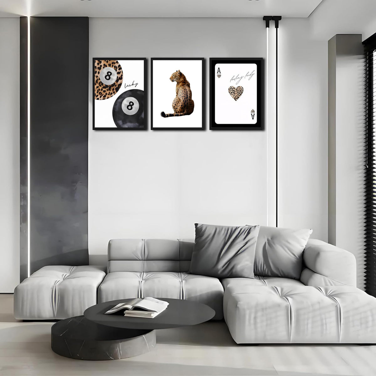 Framed Trendy Leopard Wall Art Set of 3 (Black and White Leopard / 24"L x 16"W)