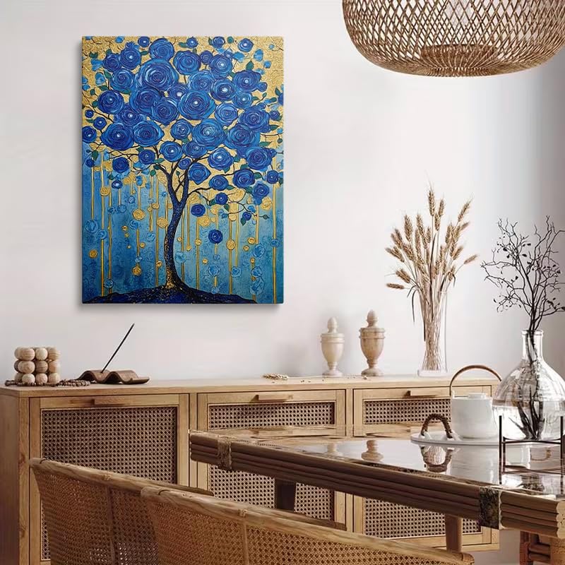 Abstract Blue Rose Canvas Wall Art Framed Tree Botanical Decor 16x24 Inch (Blue Tree (Wrapped Canvas) / 24"L x 16"W)