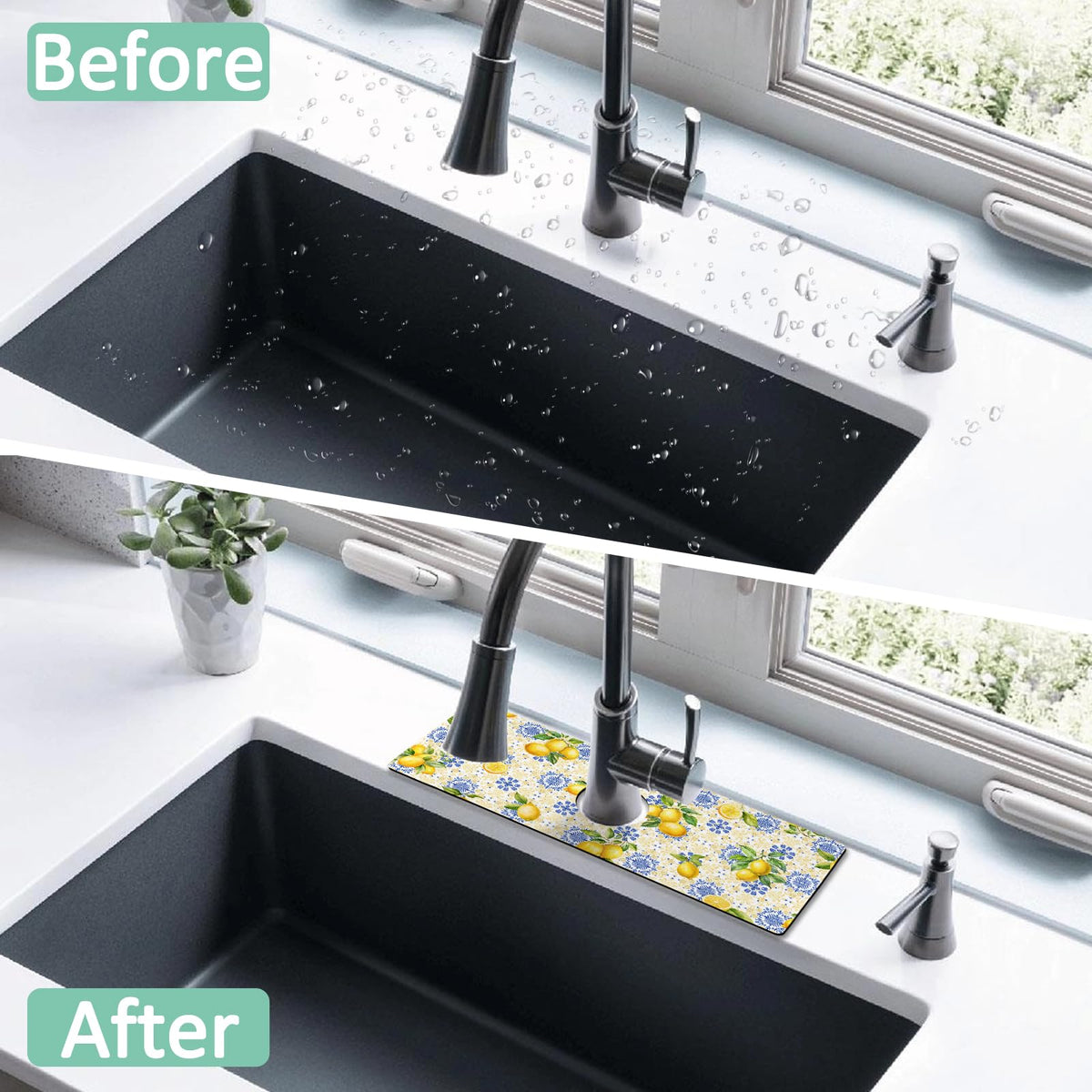 Kitchen Sink Splash Guard Faucet Mat 15" X 5.5" Lemon Absorbent Fast Drying Mat Faucet Draining Mat Sink Splash Guard Behind Faucet Drip Catcher for Kitchen Bathroom (15" x 15" / blue lemon)