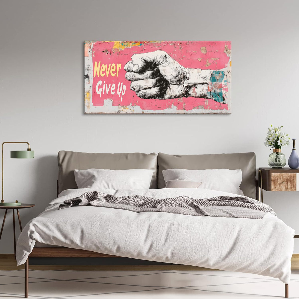 Pink Street Art Never Give Up Wall Art for Living Room Office Urban Motivation Graffiti Mural Painting Prints Inspirational Canvas Artwork Dining Bedroom Decor Large (Abstract / Pink White Never Give Up Wall Art / 46L" x 23W")