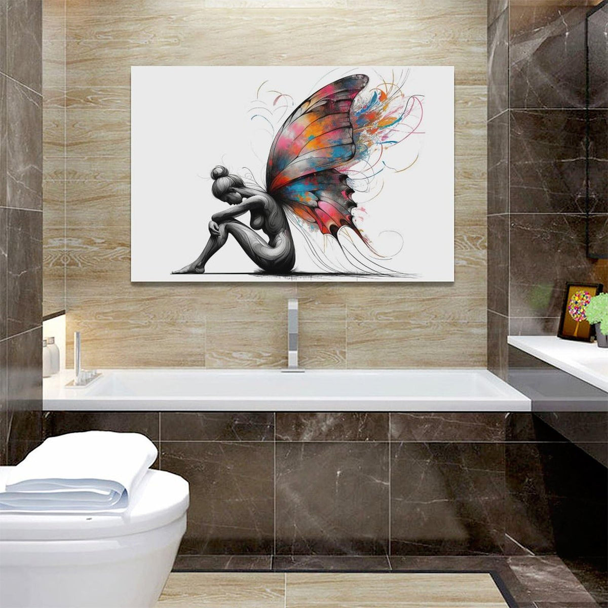 Butterfly Girl Wall Decor Colorful Butterfly Wings Pictures Canvas Wall Art Female Woman Painting Girl Room Decor Artwork Decorations Framed for Bedroom Bathroom living Room Office 24 x 16 inch (24"L x 16"W / Butterfly Wings)