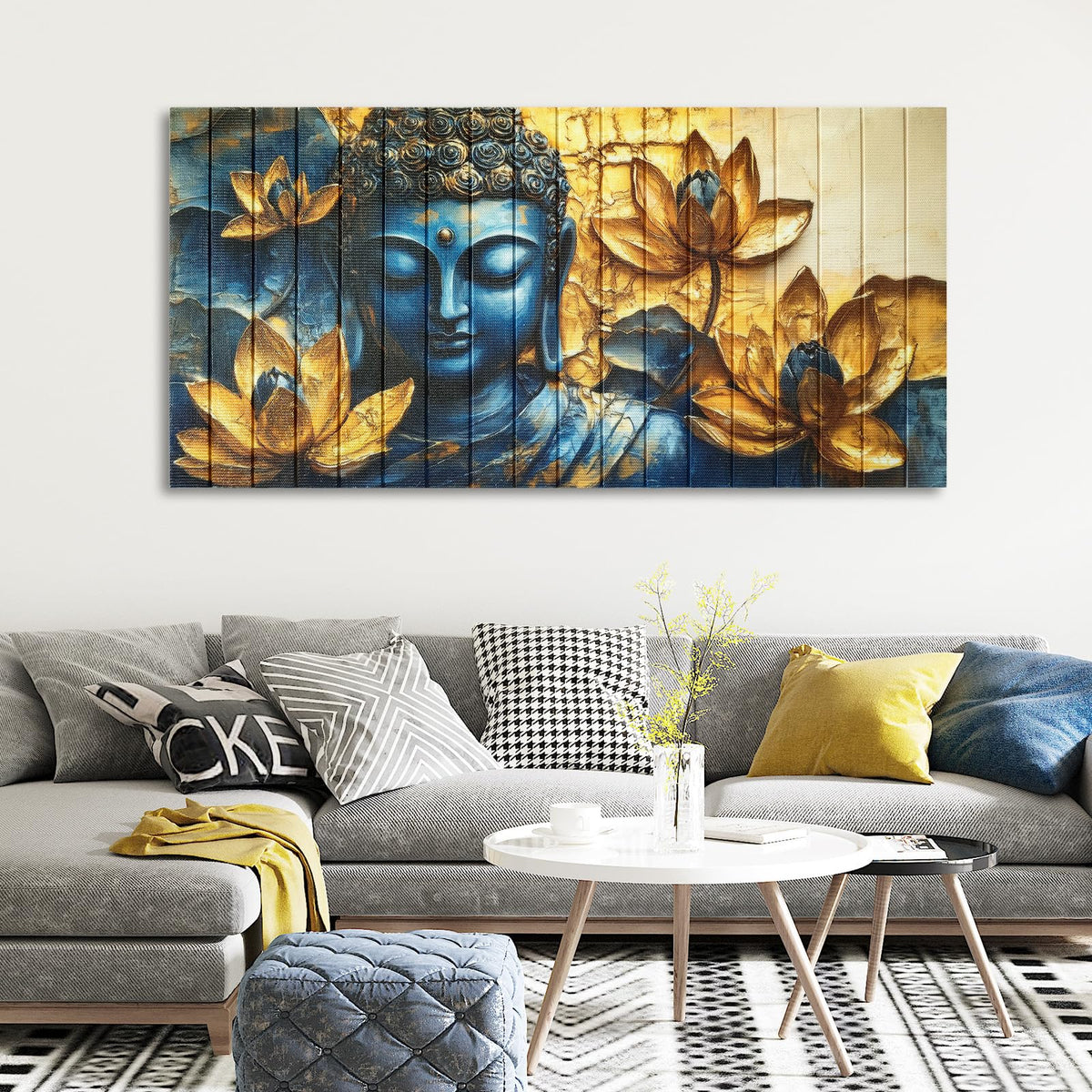 Vintage Buddha Wall Art Zen Lotus Flowers Canvas Ribbon Pictures Inspirational Wall Decor Handmade 3D Woven Textured for Buddhism Room Bathroom Bedroom Living Room Home Decor 20" x 40" (Gold / 40"L x 20"W)