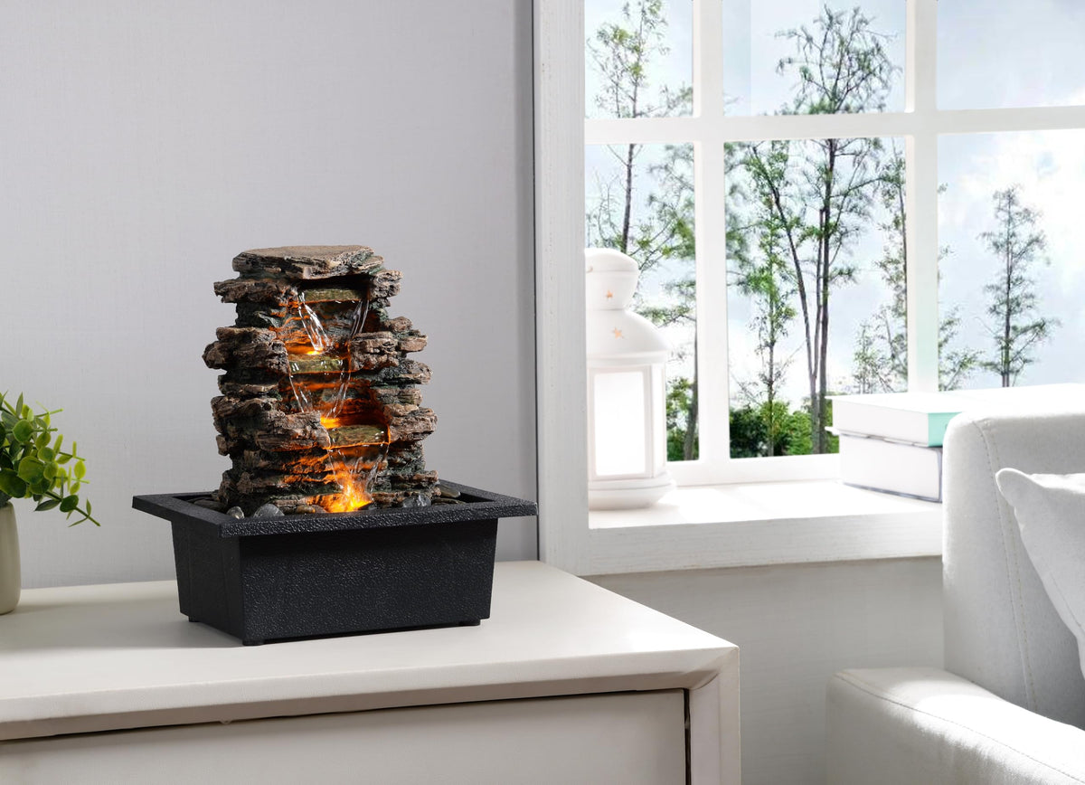 Tabletop Waterfall Fountain with LED Light (Gray)