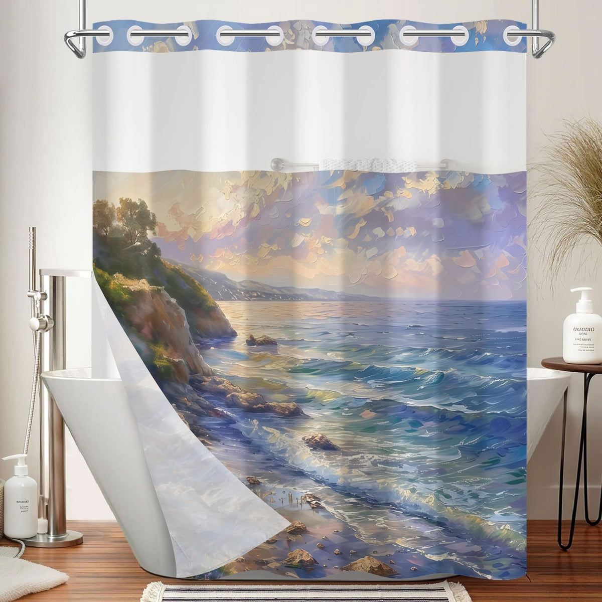 No Hook Shower Curtain with Snap in Liner (Seascape)