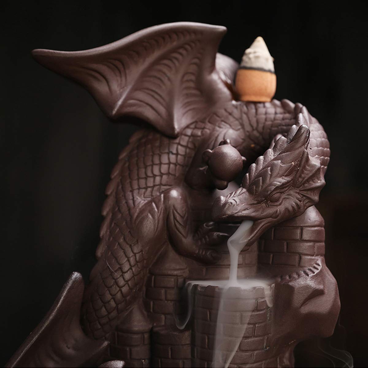 Ceramic Dragon Backflow Incense Holder Waterfall Incense Burner (Brown-light Dragon)