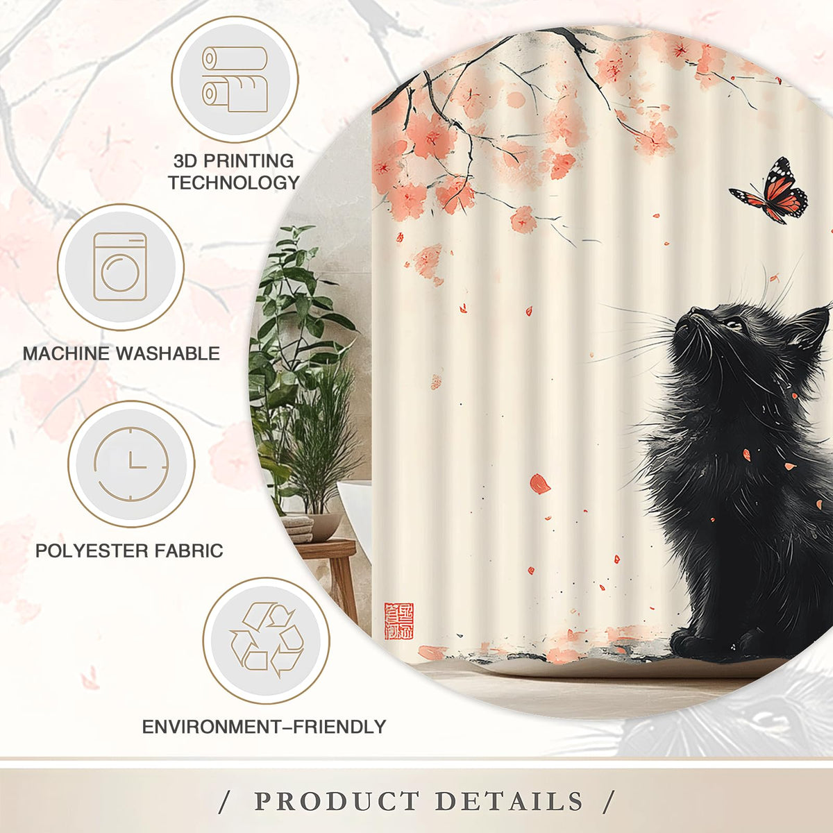 Japanese Floral Shower Curtain Black Cat Pink Cherry Blossom Plum Blossom Butterfly Vintage Asian Watercolor Spring Flower Abstract Art Bathroom Decor Set with Hooks (70" W x 80" L)