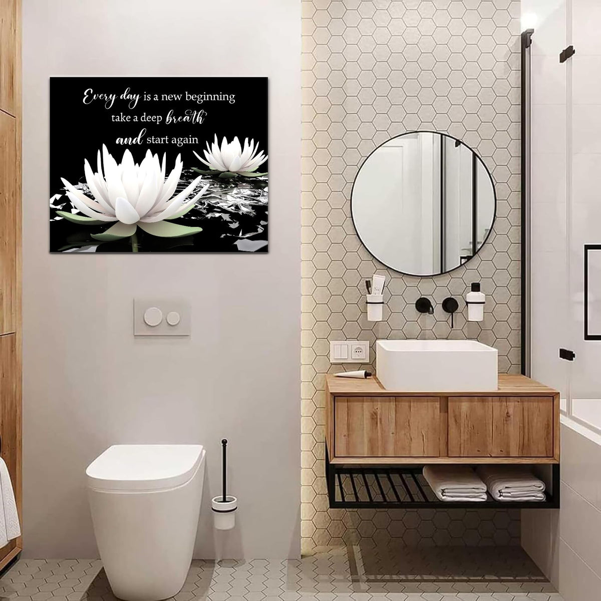 Black and White Zen Floral Wall Art (Black / 16"L x 20"W)