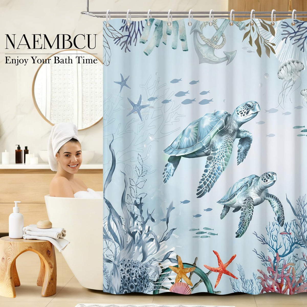 Sea Turtle Shower Curtain with Hooks (Sea Turtle / 72"W x 72"L (Pack of 1))