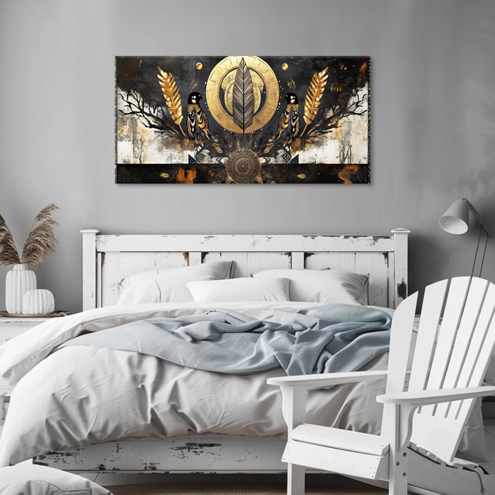 Gold Black Two Symmetrically Ravens Wall Art for Living Room Office Mystical Symbolic African Tribal Painting Prints Abstract Canvas Artwork Dining Bedroom Decor Extra Large (Abstract / Gold Black Two Ravens Wall Art / 58"L x 28"W)