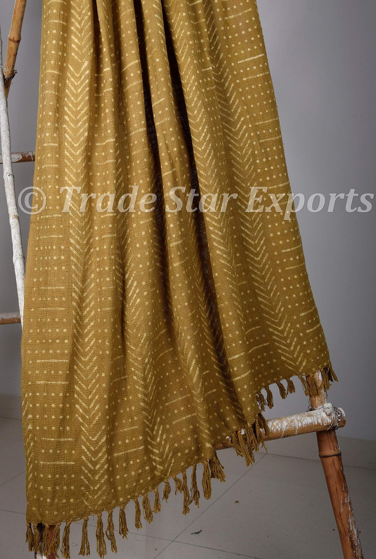 Authentic African Mudcloth Inspired Throws Hand Dyed Fringed Sofa Blanket Hand Block Printed Bed Blanket Indian Couch Throw Blanket Decor (Olive Green / Snow (120 x 170 Cms))