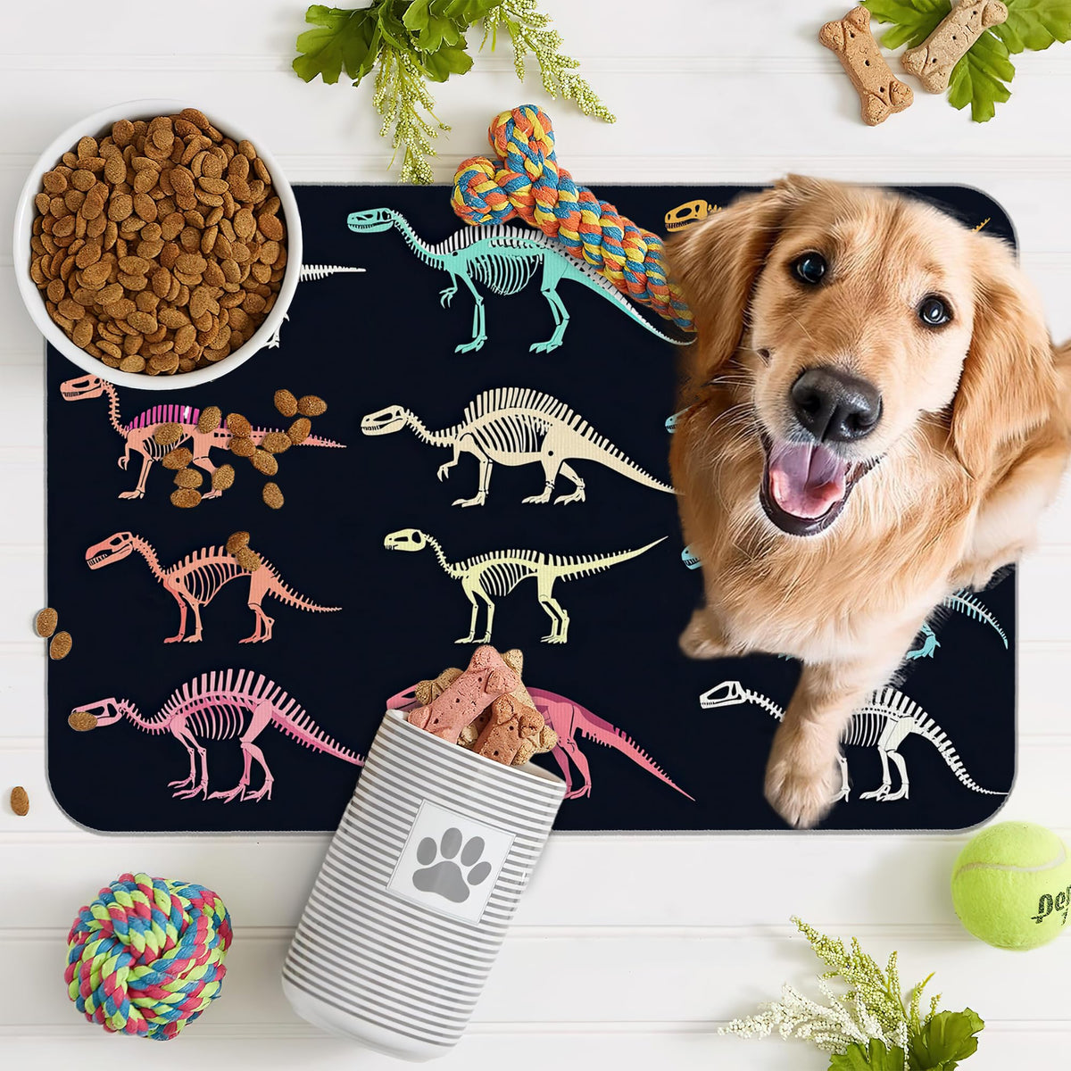 Dinosaur Skeleton Dog Cat Food Mat (16"L x 16"W / Dinosaur Skeleton Vintage Color)