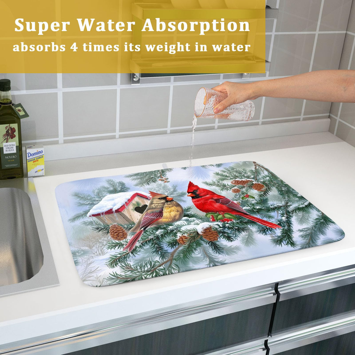 Winter Red Cardinal Bird Dish Drying Mat for Kitchen Counter (Red Bird / 18" x 24")