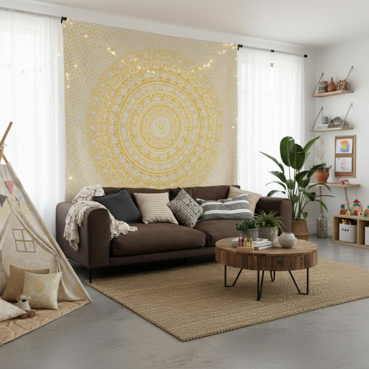 Cotton Mandala Tapestry (Yellow / 84"L x 90"W)