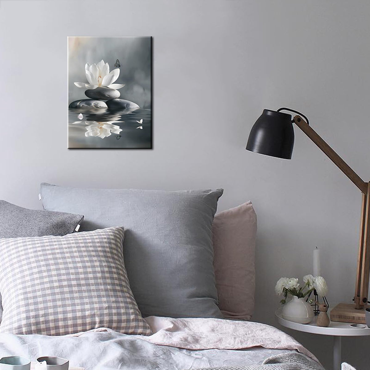White Lotus Flower Zen Wall Art Spiritual Decor Meditation Yoga Spa Butterfly Art Prints for Yoga Meditation Room Decor Framed (36"L x 24"W)