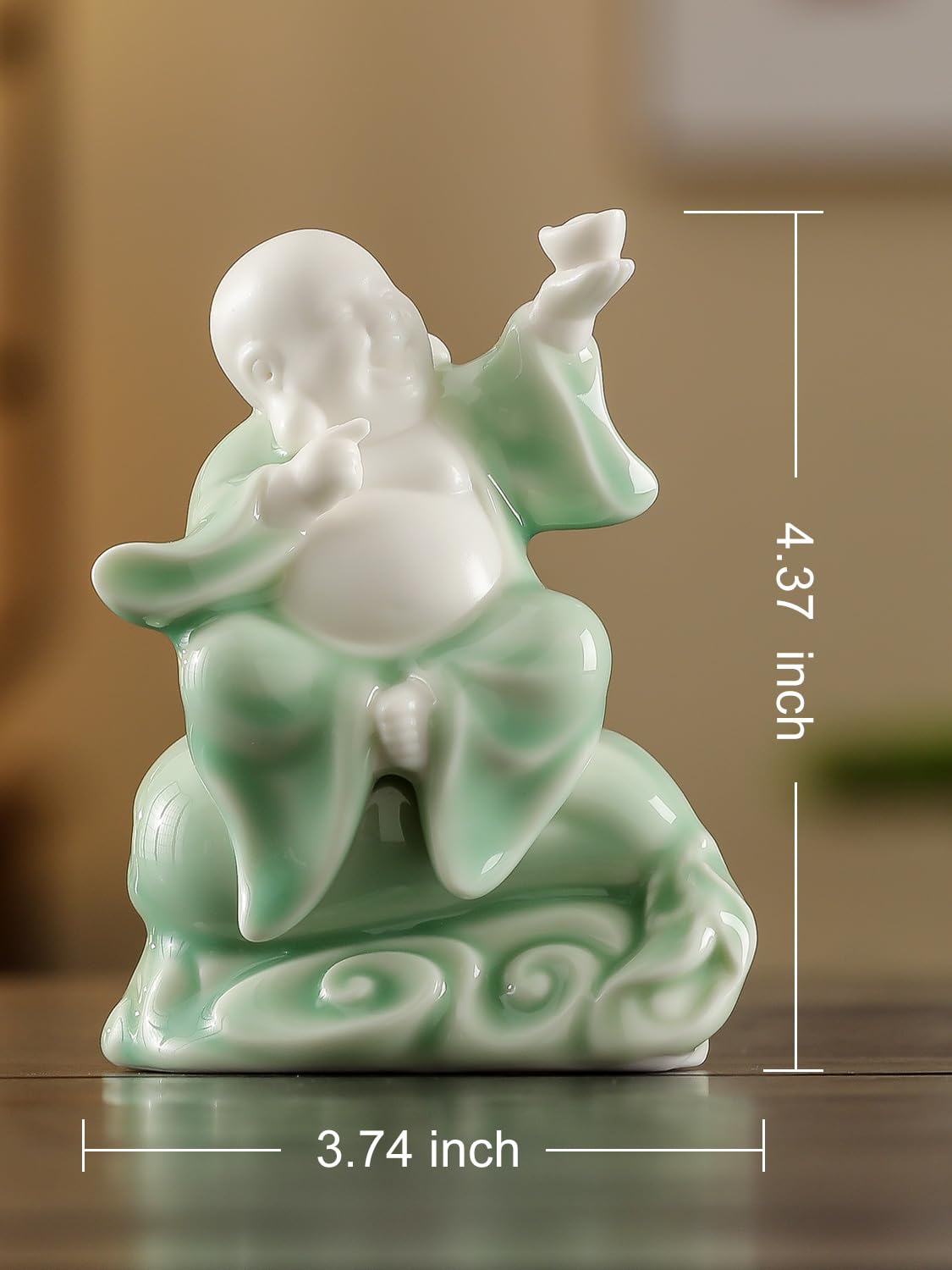 Small Green Laughing Buddha Statue for Good Luck (4.5" G – Holding Ingot)
