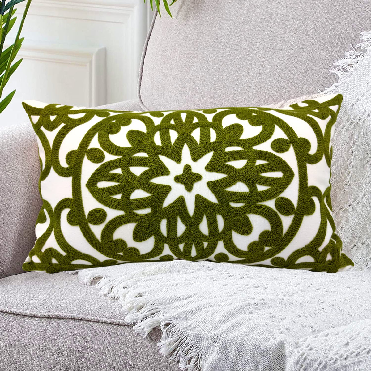 Embroidered Lumbar Throw Pillow Cover 12"x 20" (Olive Green / 20" x 12" (Pack of 1))