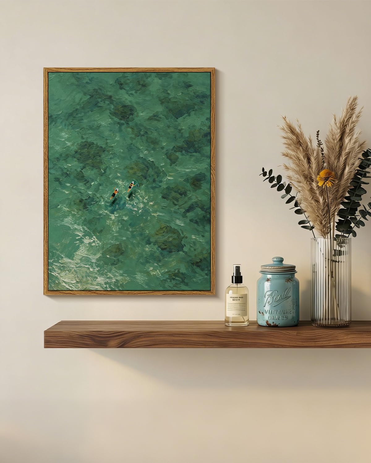 Framed Modern Summer Coastal Ocean Water Wall Art Canvas 12''x16'' (Green Waves / 16"L x 12"W)