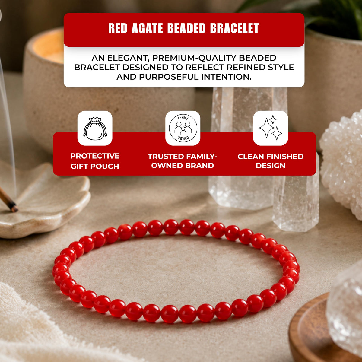 Red Agate Bracelet 4mm Beaded Bracelet (Red Agate / Large)