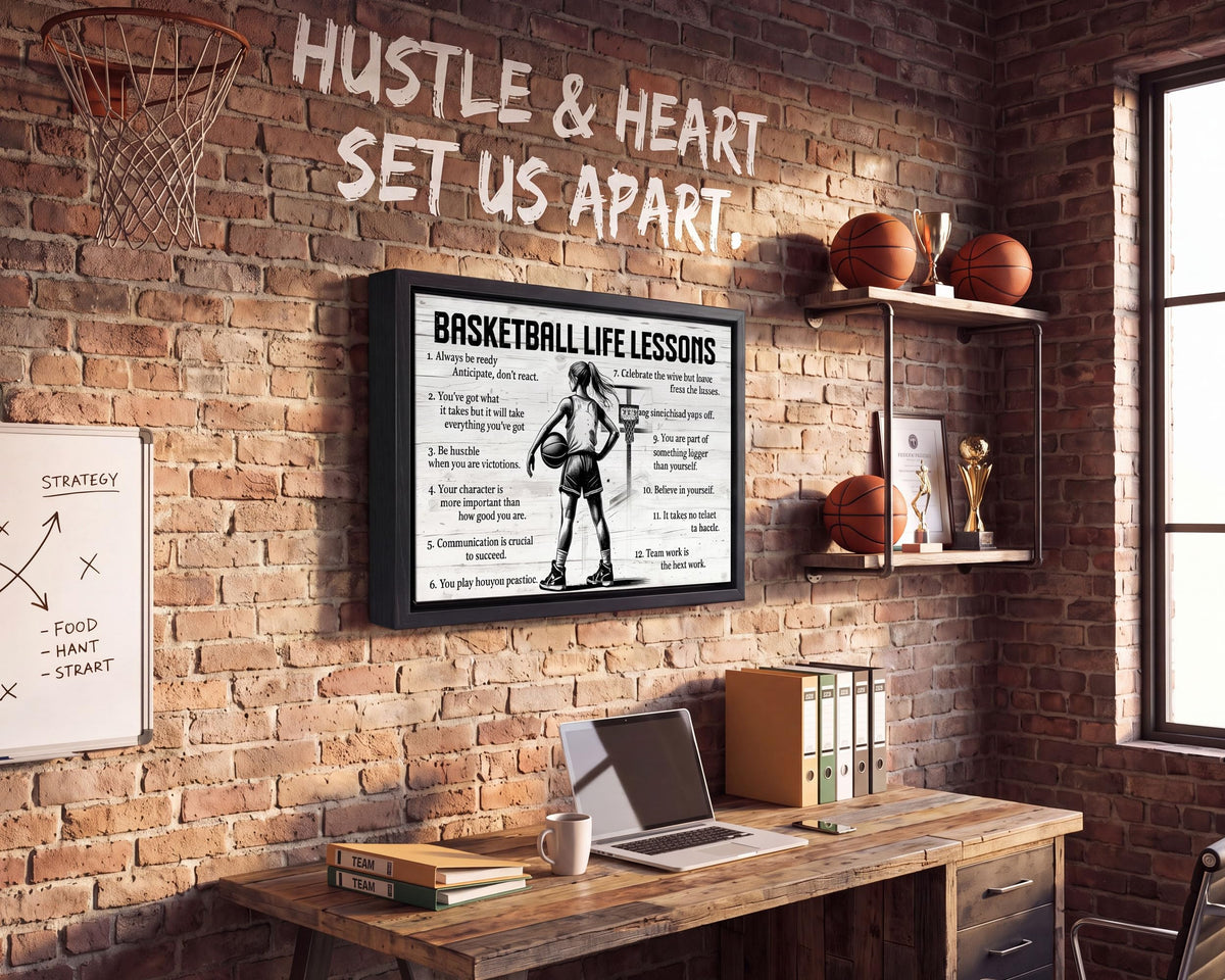 Black Framed Girl Basketball Life Lessons Canvas Wall Art 16x24in (Girl Basketball / 24"L x 16"W)