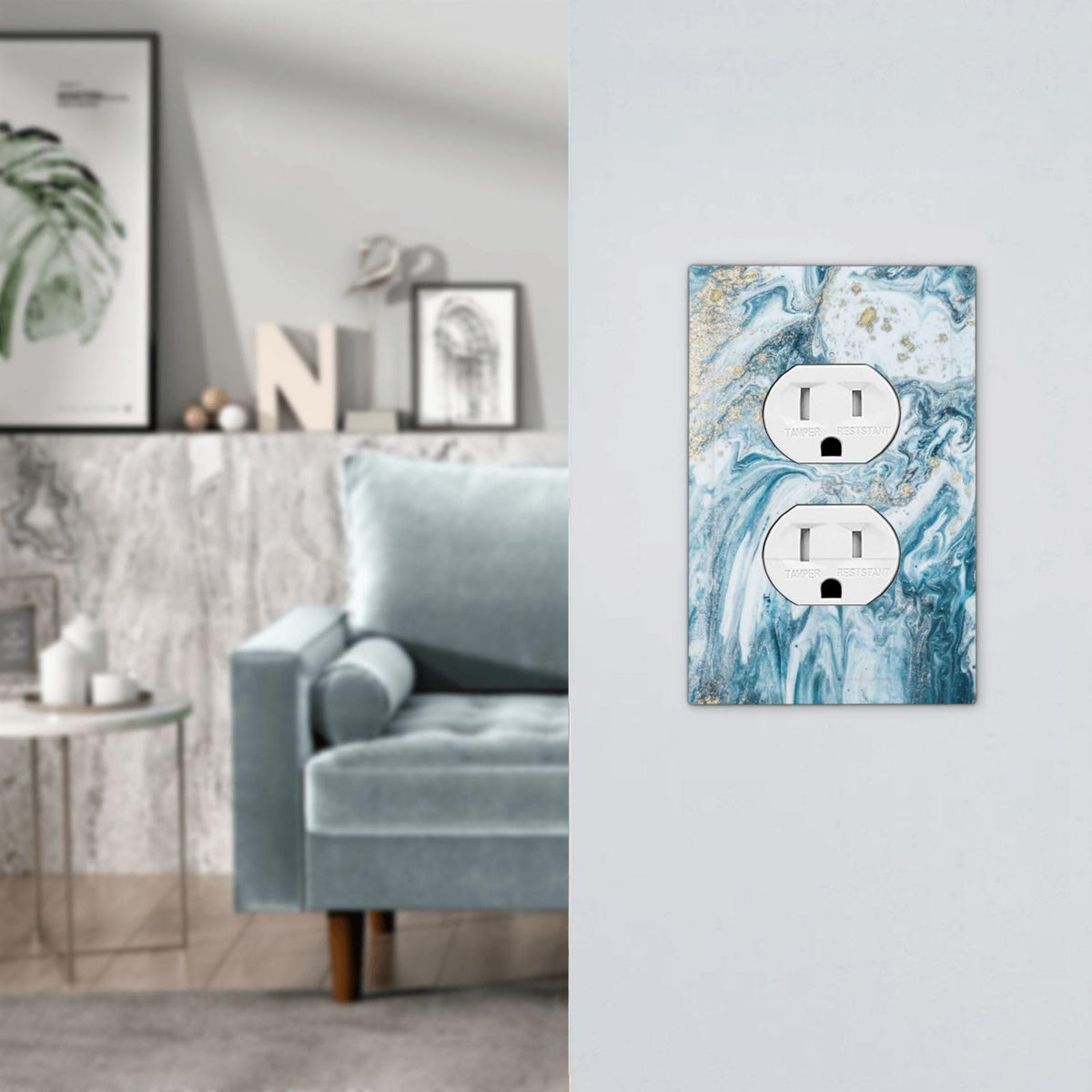 Teal Blue and White Marble Grain Decorative 1 Gang Duplex Outlet Cover (Turquoise Teal Blue Marble / 1-Gang Duplex Mid)
