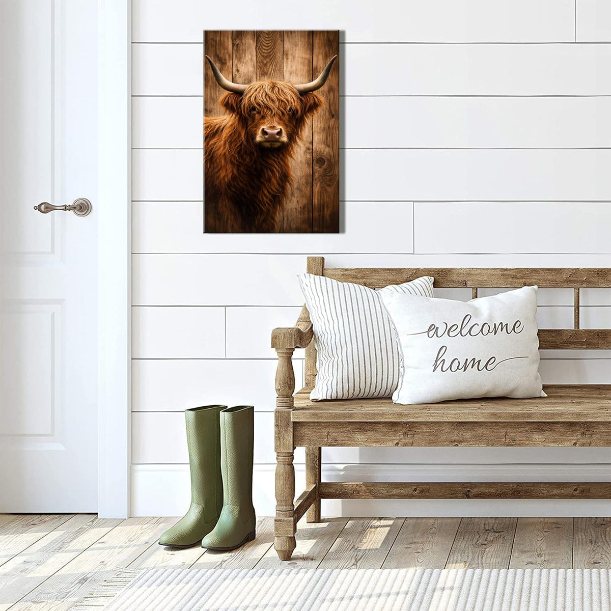 Farmhouse Highland Cow Wall Decor Cow Wall Art Long Haired Scottish Cow Canvas Picture Country Animal Theme Poster Highland Cow Painting Artwork Framed for Living Room Cabin Home Decorations 20x30” (24"L x 36"W / Retro Cow)