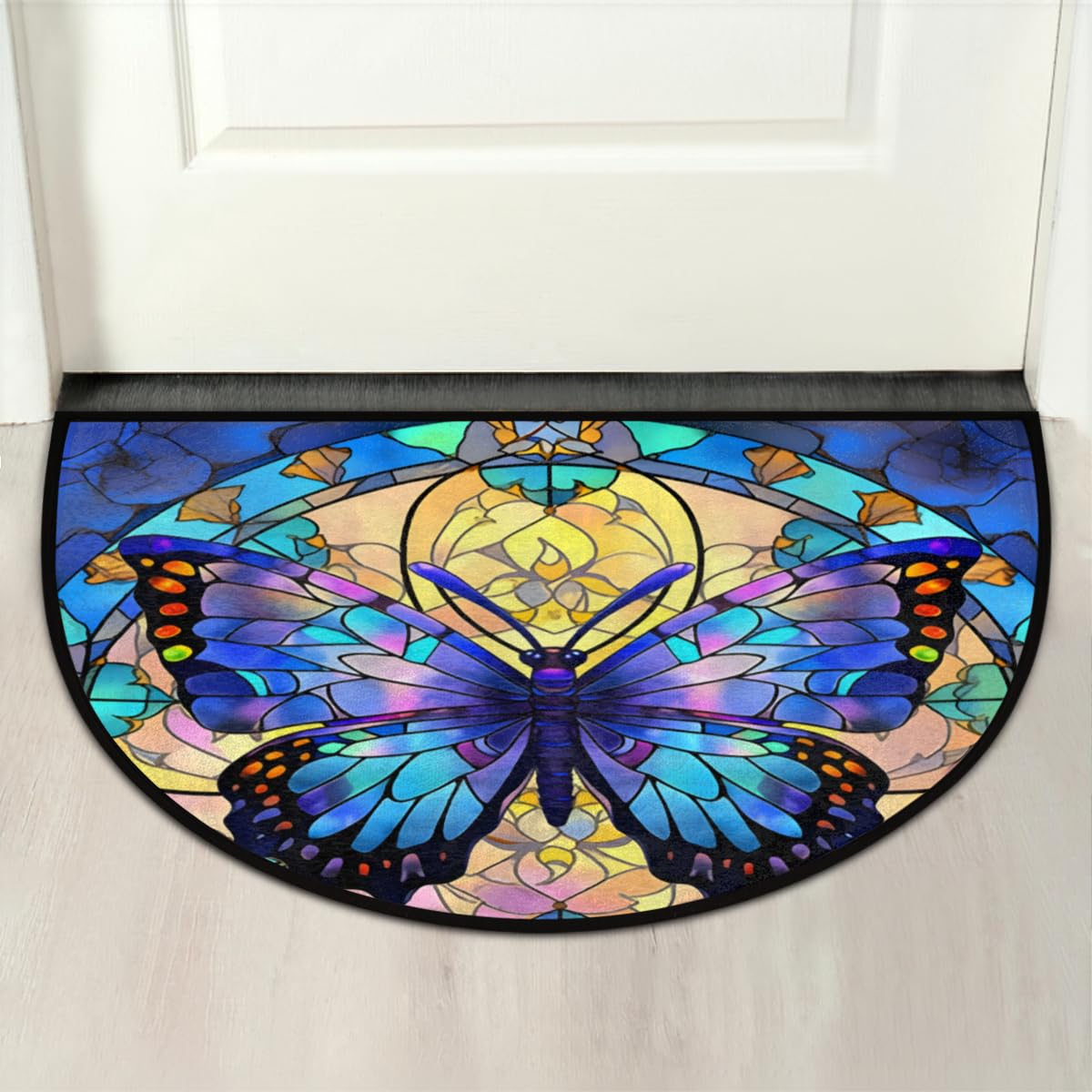 Butterfly Half Round Doormat Non Slip Half Moon Rug Outdoor Welcome Mat (B 011)