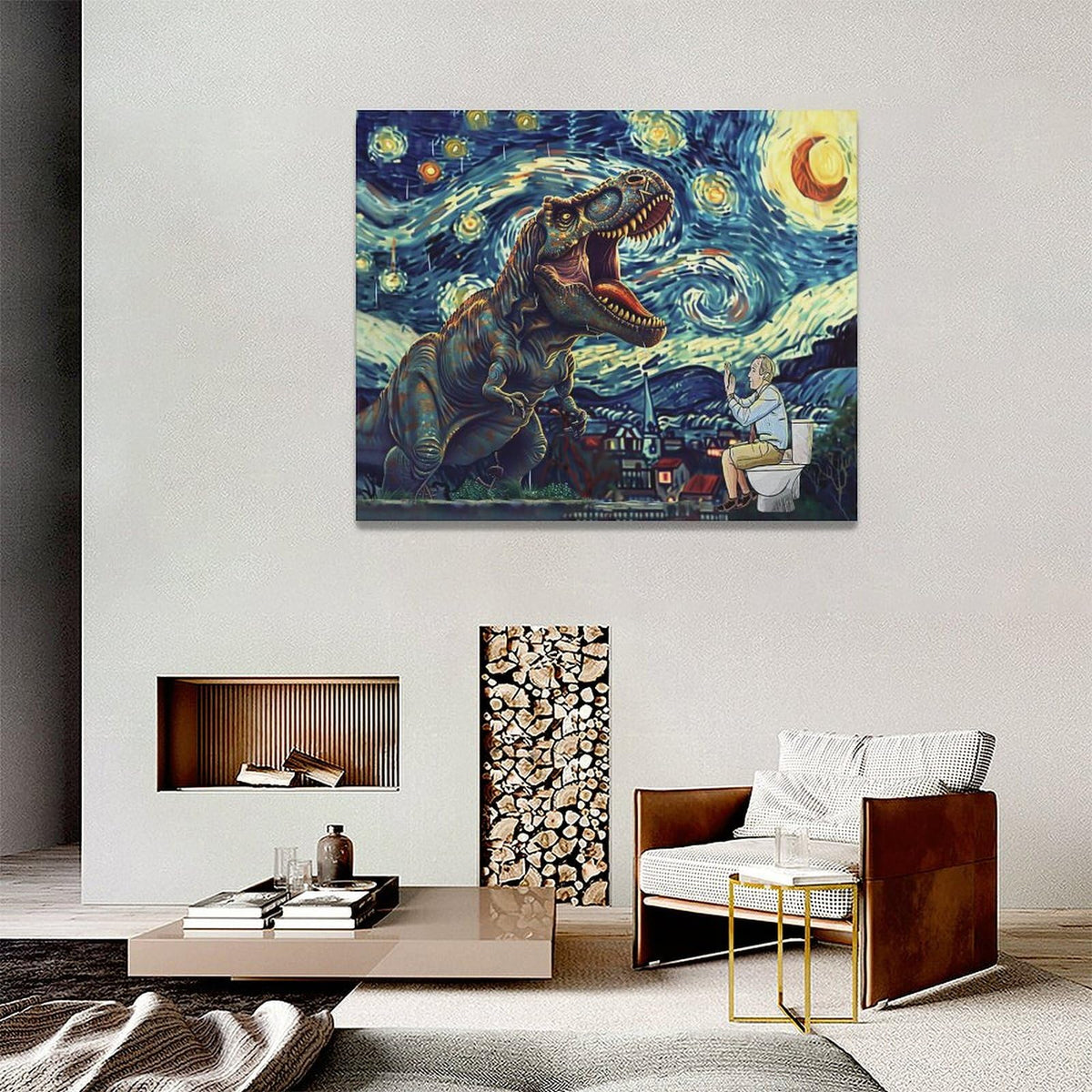 Dinosaur Bathroom Wall Art Starry Night Funny Bathroom Pictures Wall Decor Dinosaur Canvas Painting Print Home Modern Artwork Decorations Framed for Bathroom Living Room Bedroom Office 20 x 16 inch (20"L x 16"W / Dinosaur)