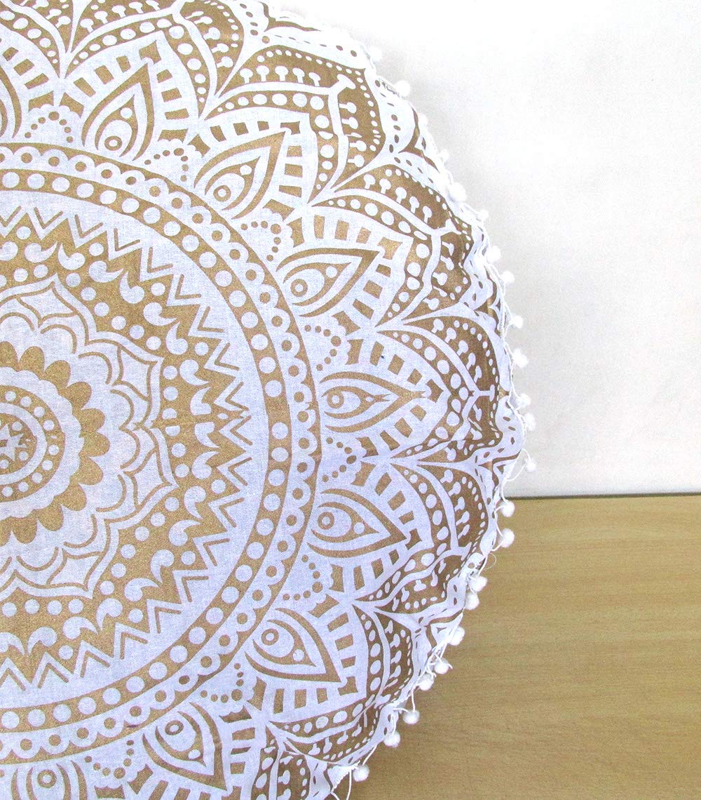 32 Inch Meditation Floor Pillow Cover Round Pillow Seating Hippie Decorative Adults Bohemian Mandala Cushion Cover Outdoor Living Room Throw Ottoman Poufs Cover (White Gold Ombre)
